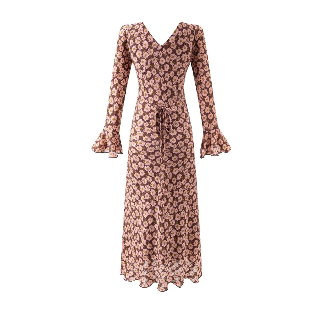 Women Clothing Mid Length Floral Printed V neck Dress