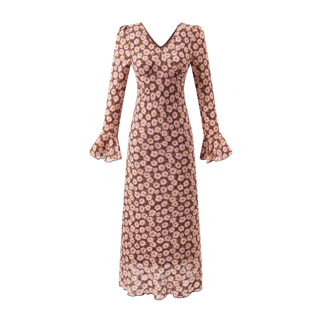 Women Clothing Mid Length Floral Printed V neck Dress