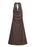 Women Clothing Autumn Backless Metallic Dress