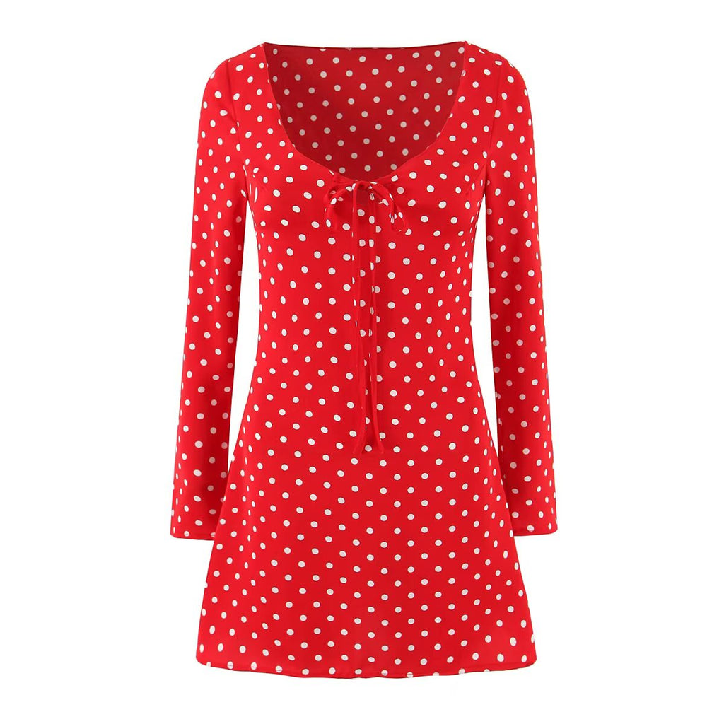 Summer Sexy Square Neck Lace up Red Polka Dot Long Sleeve Sexy Dress