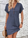 Summer Women Clothing All Match Buckle V neck Shoulder Roll Sleeve Solid Color Dress