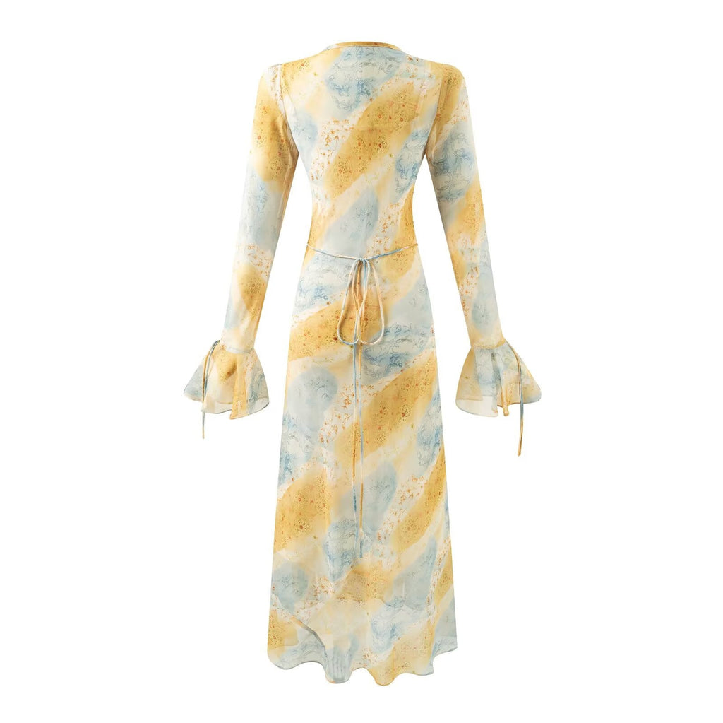 Autumn Women Clothing V neck Mid Length Printed Dress Women