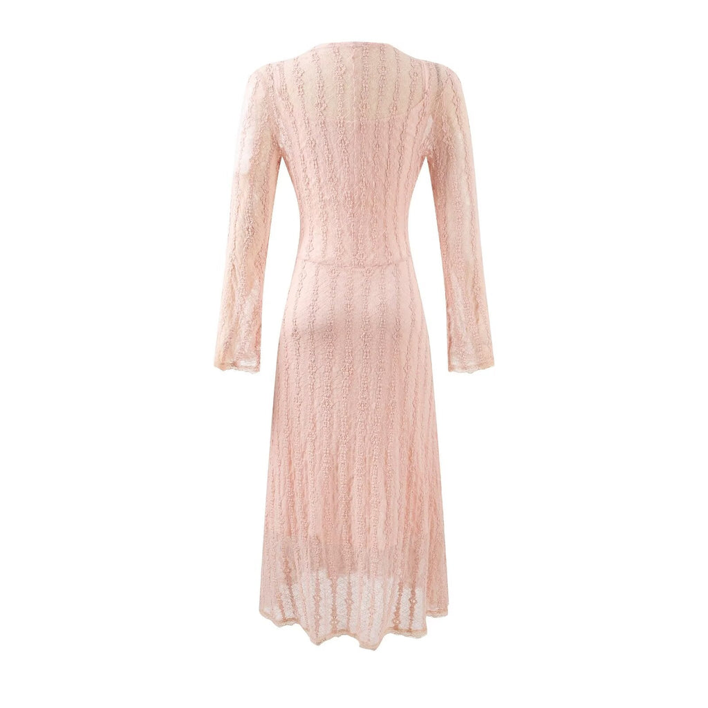 Sweet Jacquard Grid Chic Long Sleeve Dress Autumn Elegant Slim Midi Dress