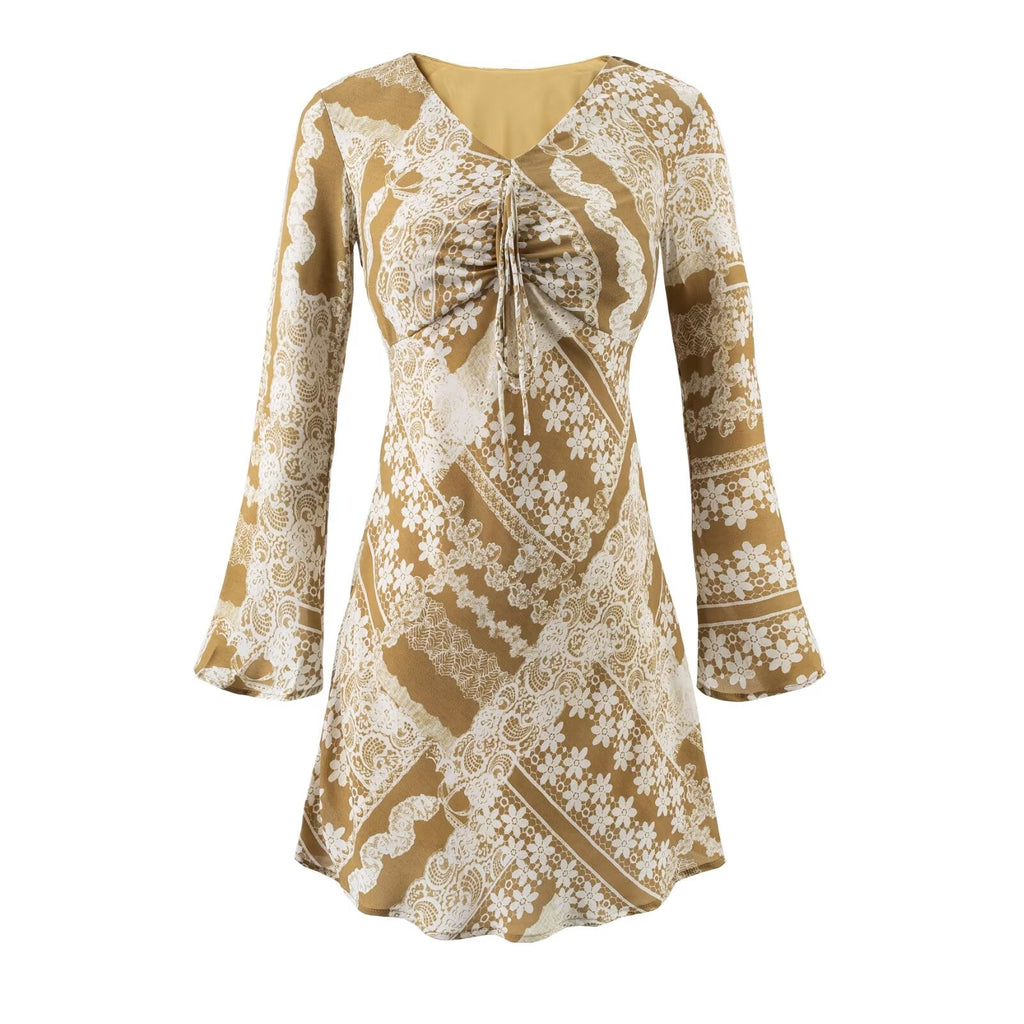 Summer Fashionable Retro Color Printing V neck Lace up Micro Pull Long Sleeve Dress