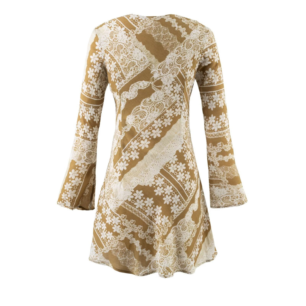 Summer Fashionable Retro Color Printing V neck Lace up Micro Pull Long Sleeve Dress