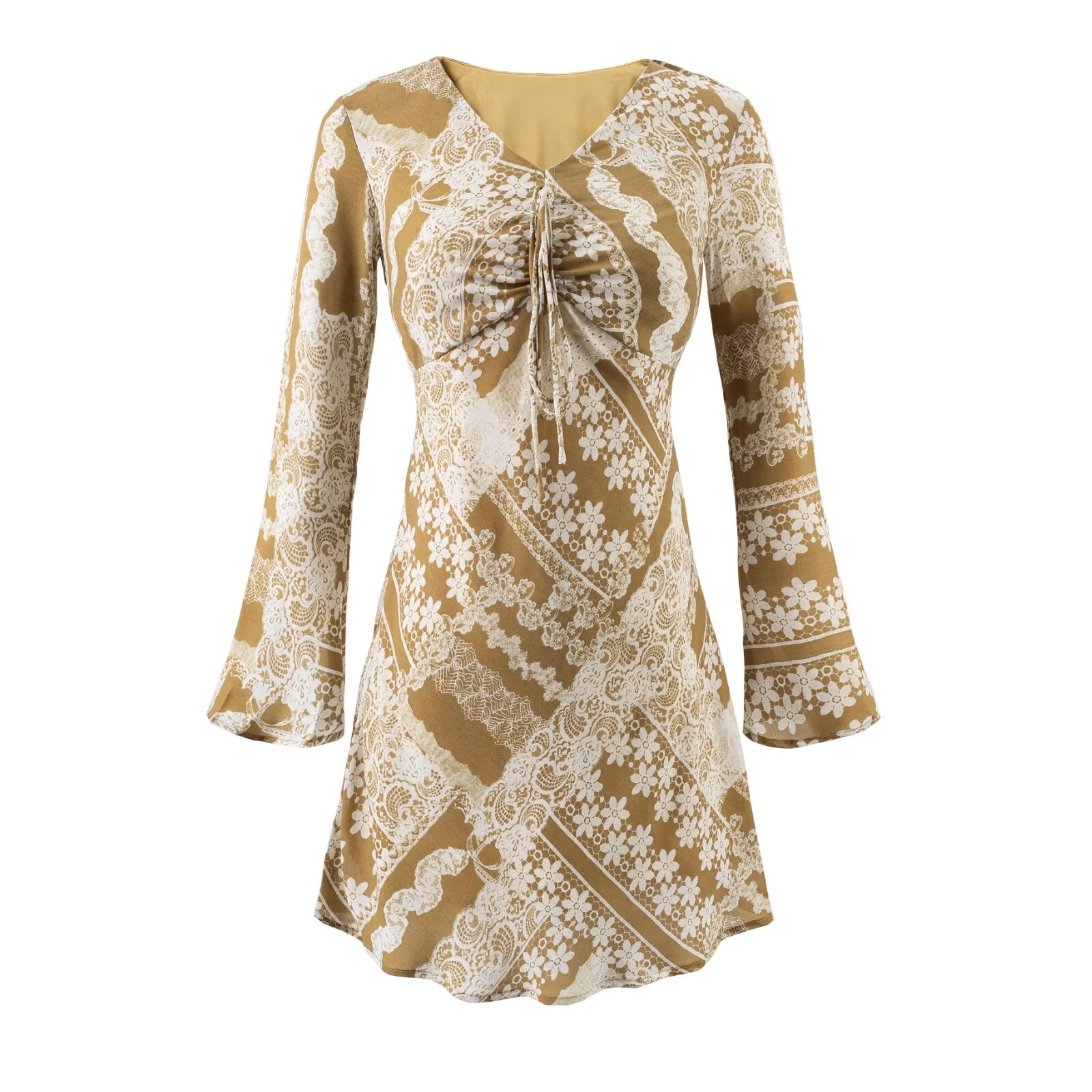 Summer Fashionable Retro Color Printing V neck Lace up Micro Pull Long Sleeve Dress