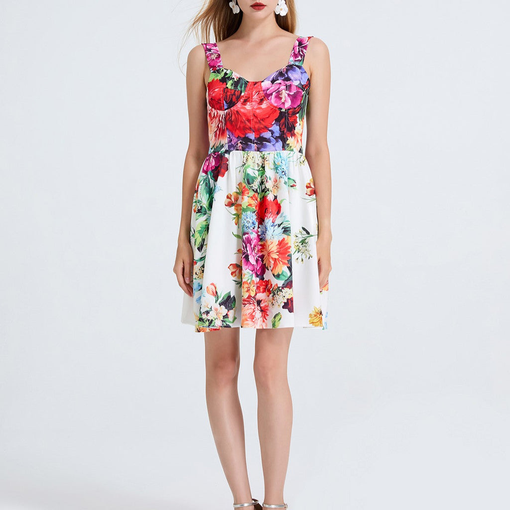 Women High Waisted Printed Halter Top Short Dress With Elastic Back Straps