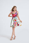 Women High Waisted Printed Halter Top Short Dress With Elastic Back Straps