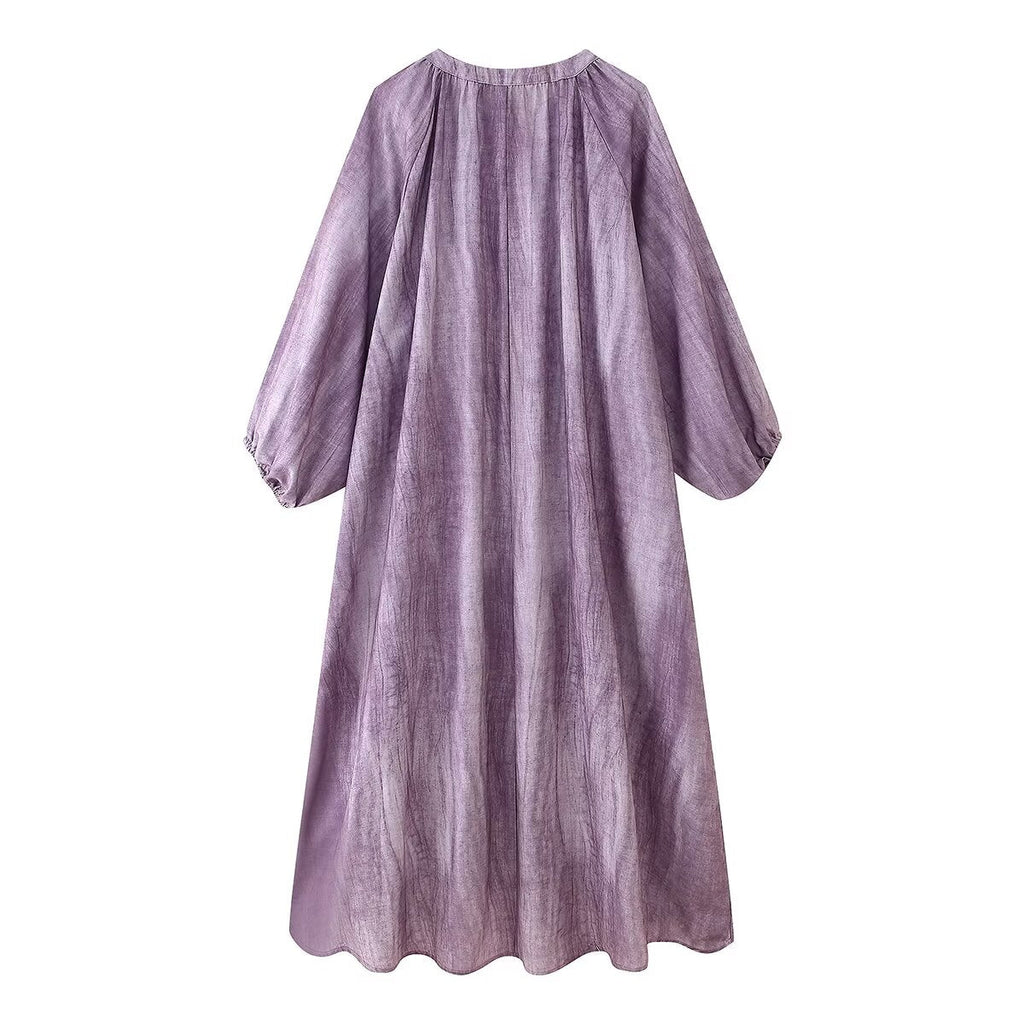 Women Clothing Western Linen Tie Dyed Long Shirt Dress