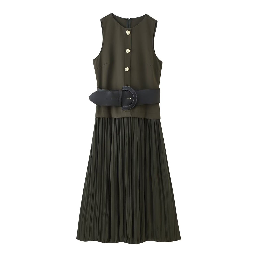 Women Clothing Autumn Lightly Mature with Belt Stitching Ruffle Midi Dress