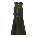 Women Clothing Autumn Lightly Mature with Belt Stitching Ruffle Midi Dress