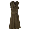 Early Autumn Women Clothing French Suede Leather Mid-Length Irregular Asymmetric Dress