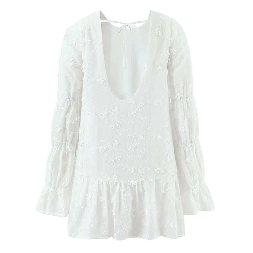 Women Clothing Fashionable Embroidery Three Dimensional Floral Backless Horse Hoof Sleeve Dress