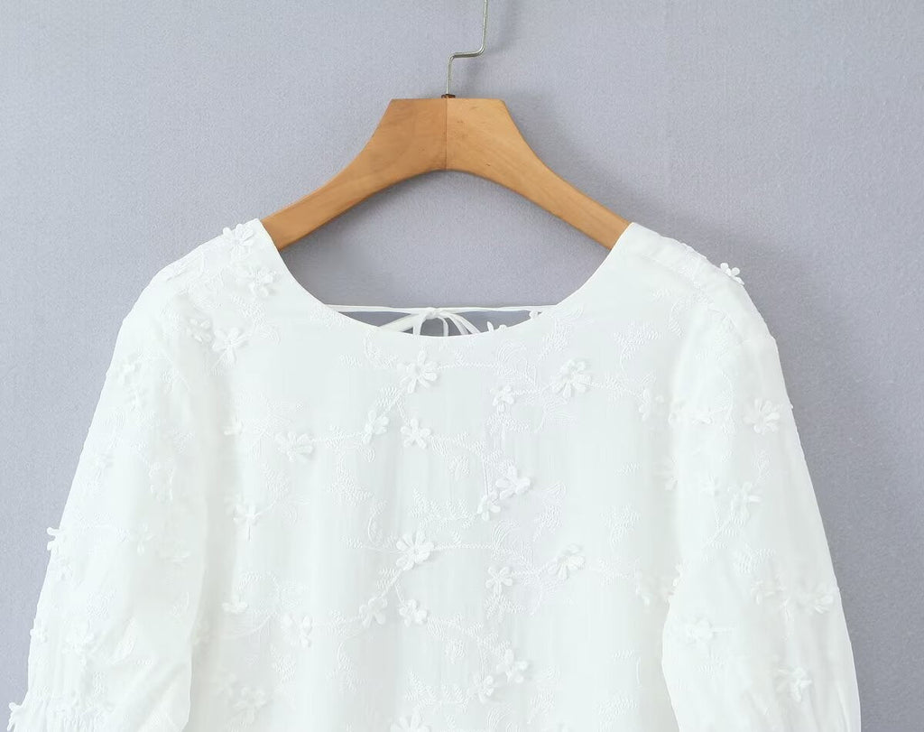 Women Clothing Fashionable Embroidery Three Dimensional Floral Backless Horse Hoof Sleeve Dress