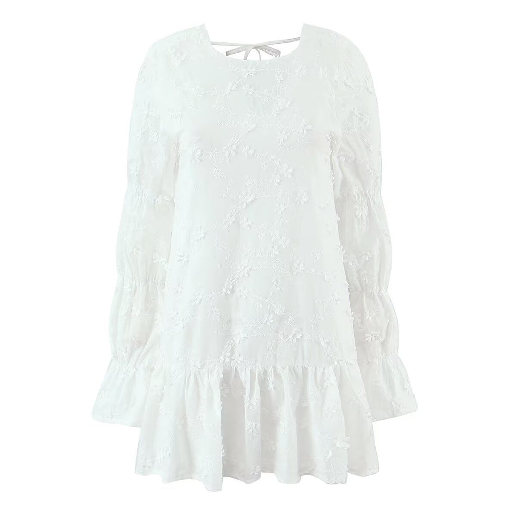 Women Clothing Fashionable Embroidery Three Dimensional Floral Backless Horse Hoof Sleeve Dress