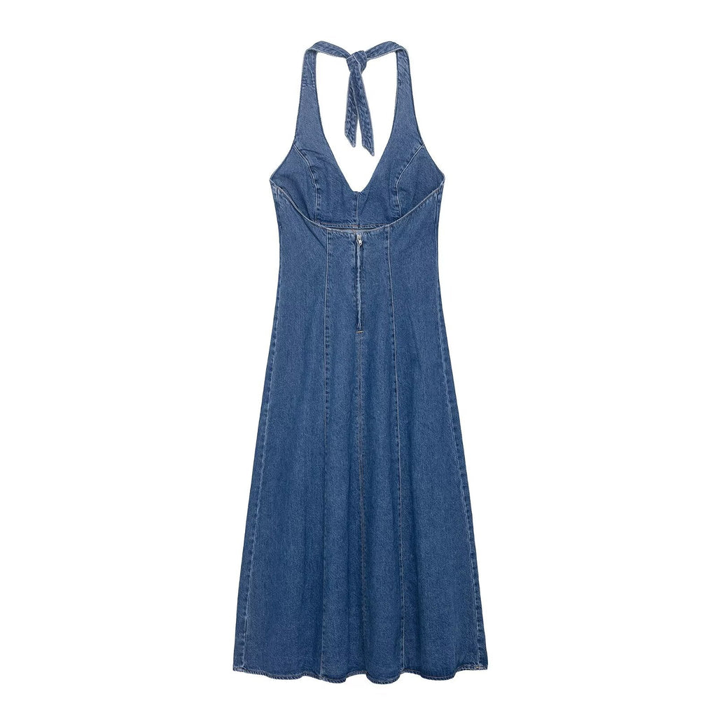 Women Clothing Autumn Halter V Neck Denim Dress