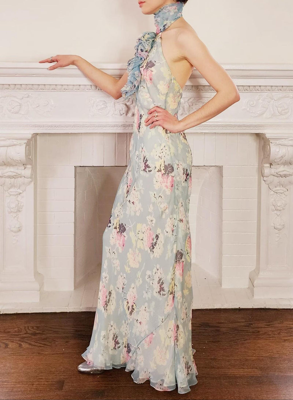 Women Clothing Autumn Socialite Artistic Printed Backless Design Halter Dress