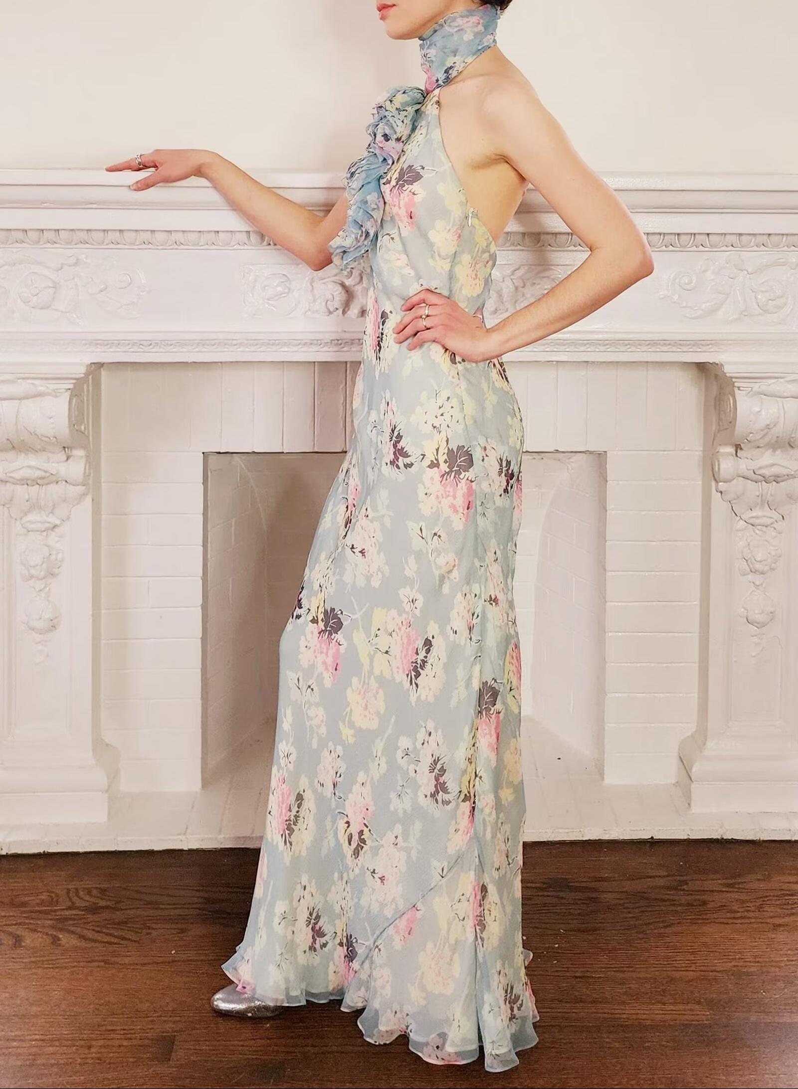 Women Clothing Autumn Socialite Artistic Printed Backless Design Halter Dress