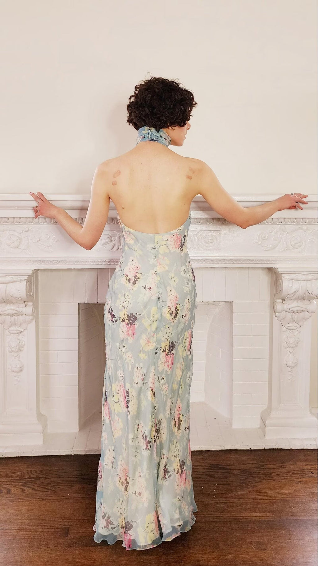 Women Clothing Autumn Socialite Artistic Printed Backless Design Halter Dress