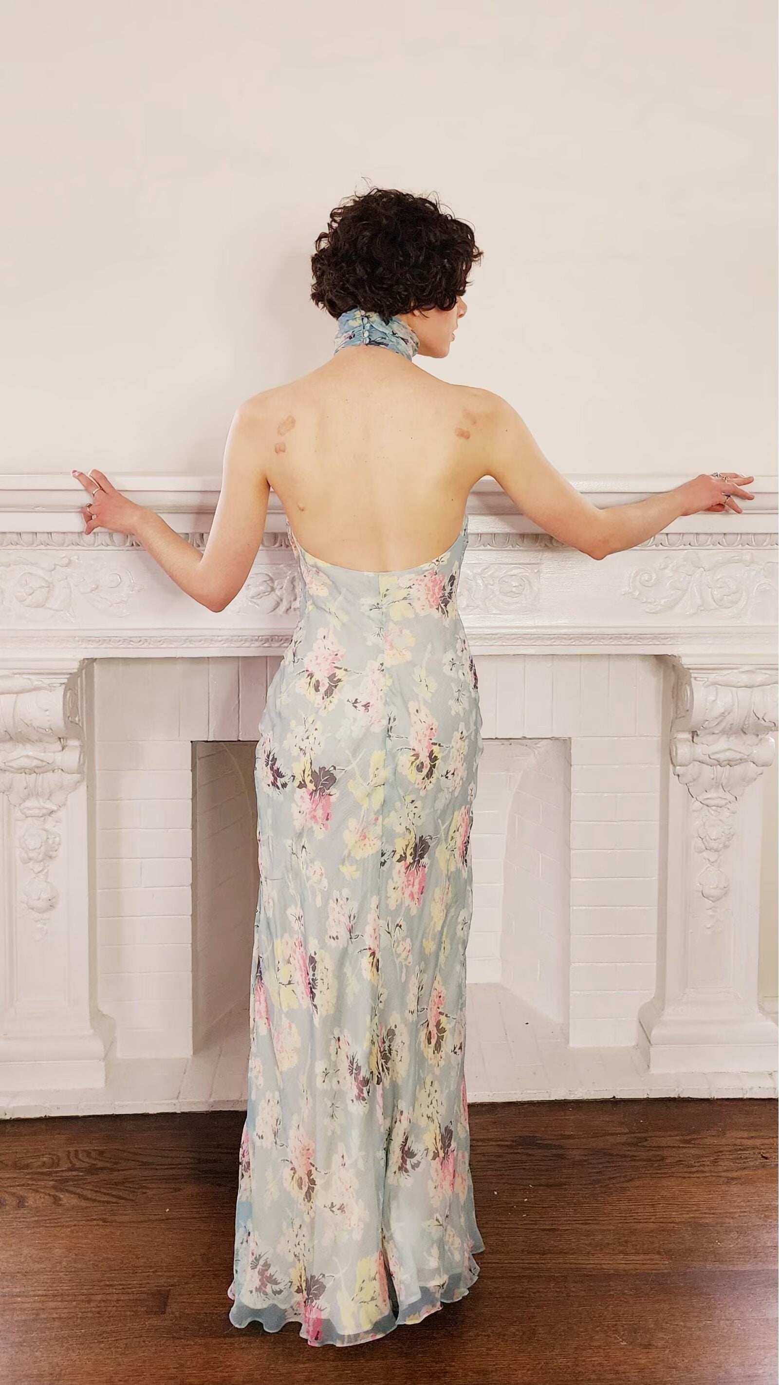 Women Clothing Autumn Socialite Artistic Printed Backless Design Halter Dress