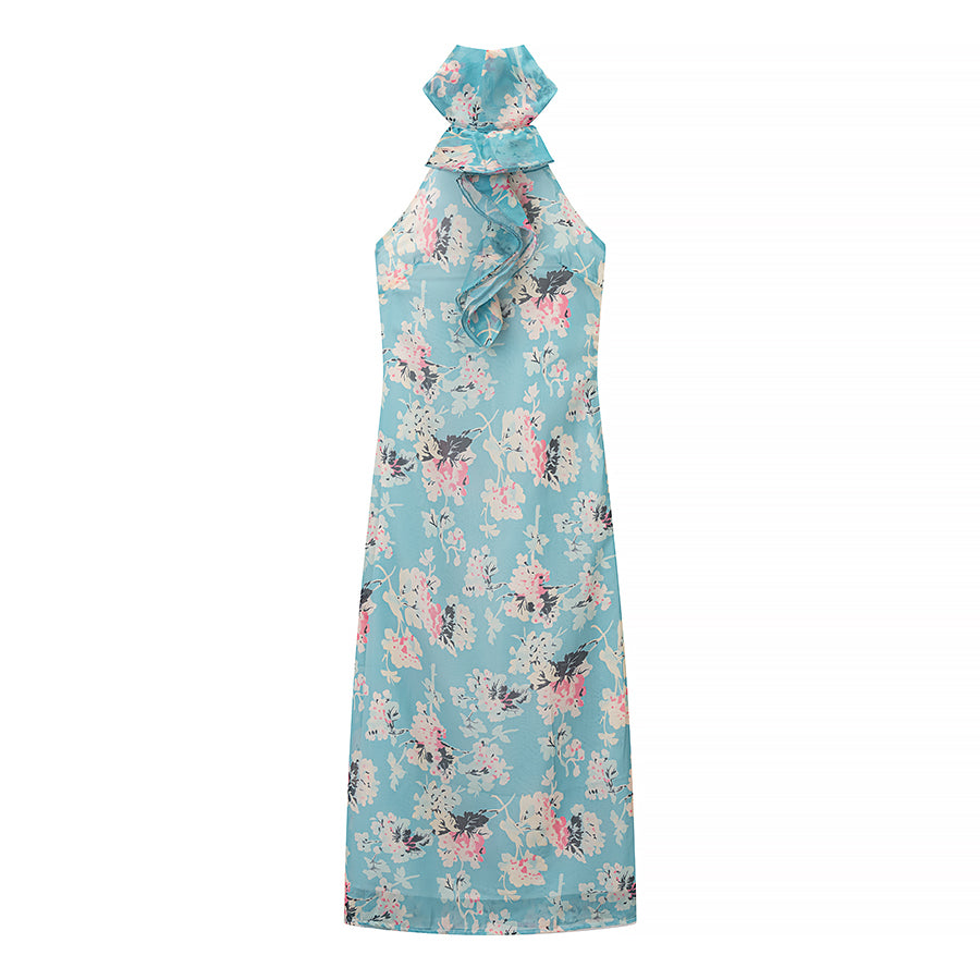 Women Clothing Autumn Socialite Artistic Printed Backless Design Halter Dress