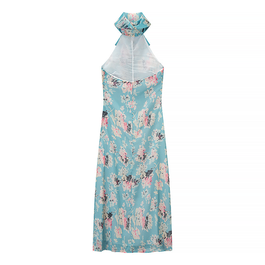 Women Clothing Autumn Socialite Artistic Printed Backless Design Halter Dress