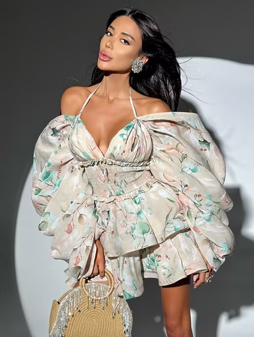 Women Clothing Autumn Short Sexy Wind Backless Design Slimming Lotus Leaf Printed Dress