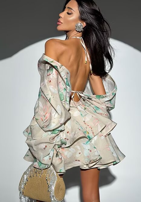 Women Clothing Autumn Short Sexy Wind Backless Design Slimming Lotus Leaf Printed Dress