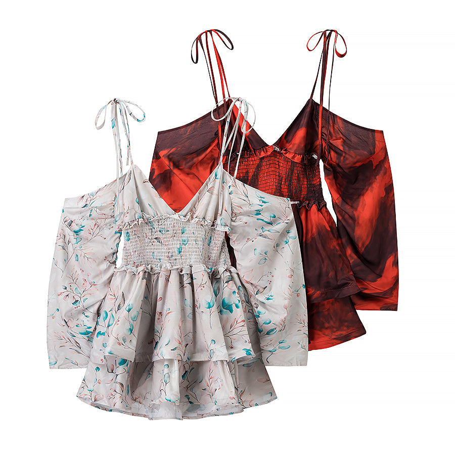 Women Clothing Autumn Short Sexy Wind Backless Design Slimming Lotus Leaf Printed Dress