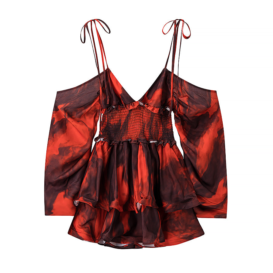 Women Clothing Autumn Short Sexy Wind Backless Design Slimming Lotus Leaf Printed Dress