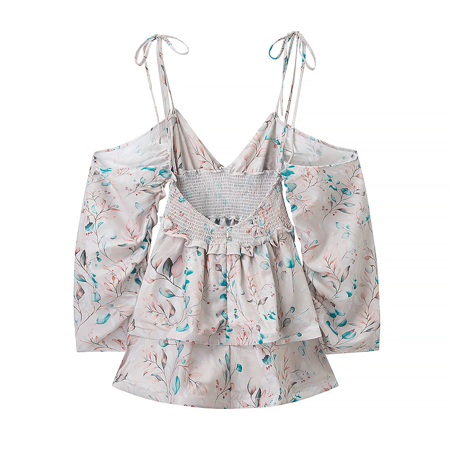 Women Clothing Autumn Short Sexy Wind Backless Design Slimming Lotus Leaf Printed Dress