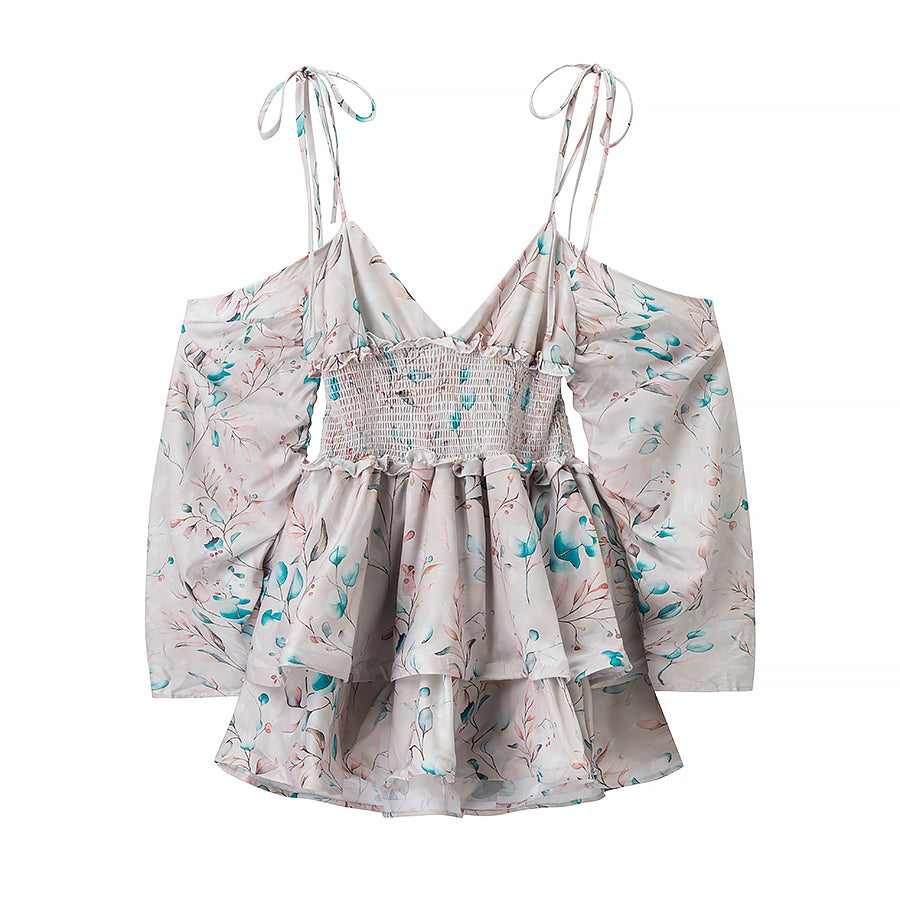 Women Clothing Autumn Short Sexy Wind Backless Design Slimming Lotus Leaf Printed Dress