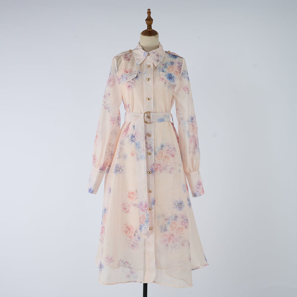 Women Autumn Silk And Cotton Floral Pattern Workwear Style Blouse Style Dress
