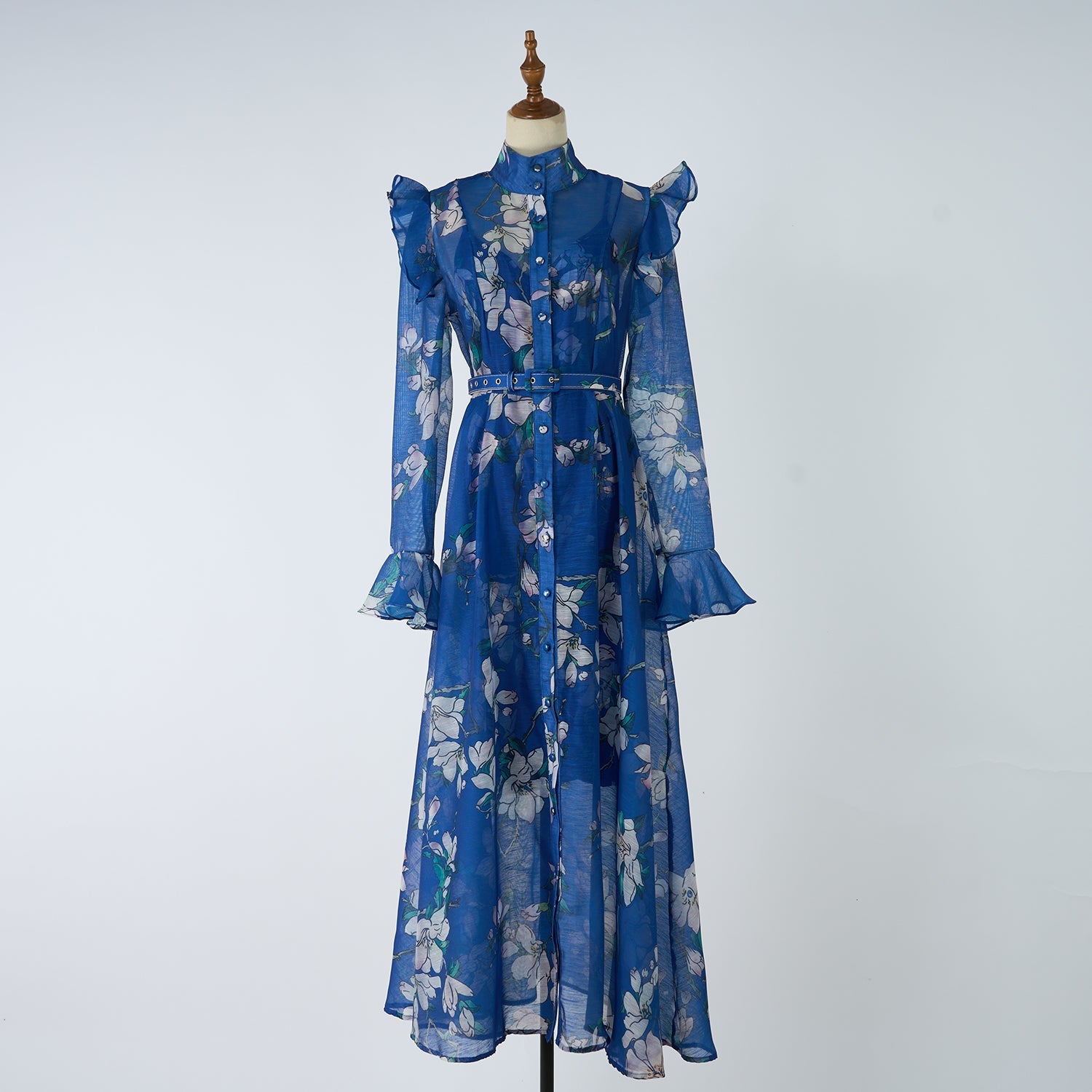 Women Retro And Sophisticated Lady Flared Sleeve French Style Gentle High End Unique And Stylish Belted Lace Printed Dress
