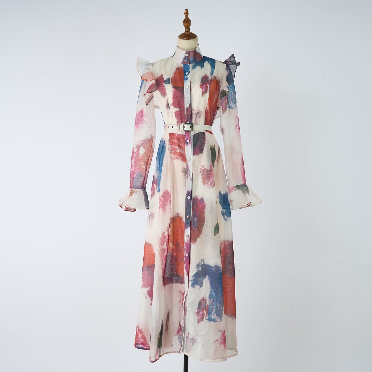 Women Retro And Sophisticated Lady Flared Sleeve French Style Gentle High End Unique And Stylish Belted Lace Printed Dress
