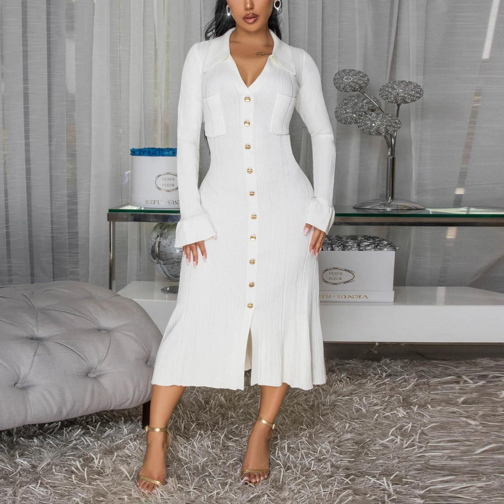Women Wear V neck Solid Color Dress Single Breasted Long Sleeve Dress