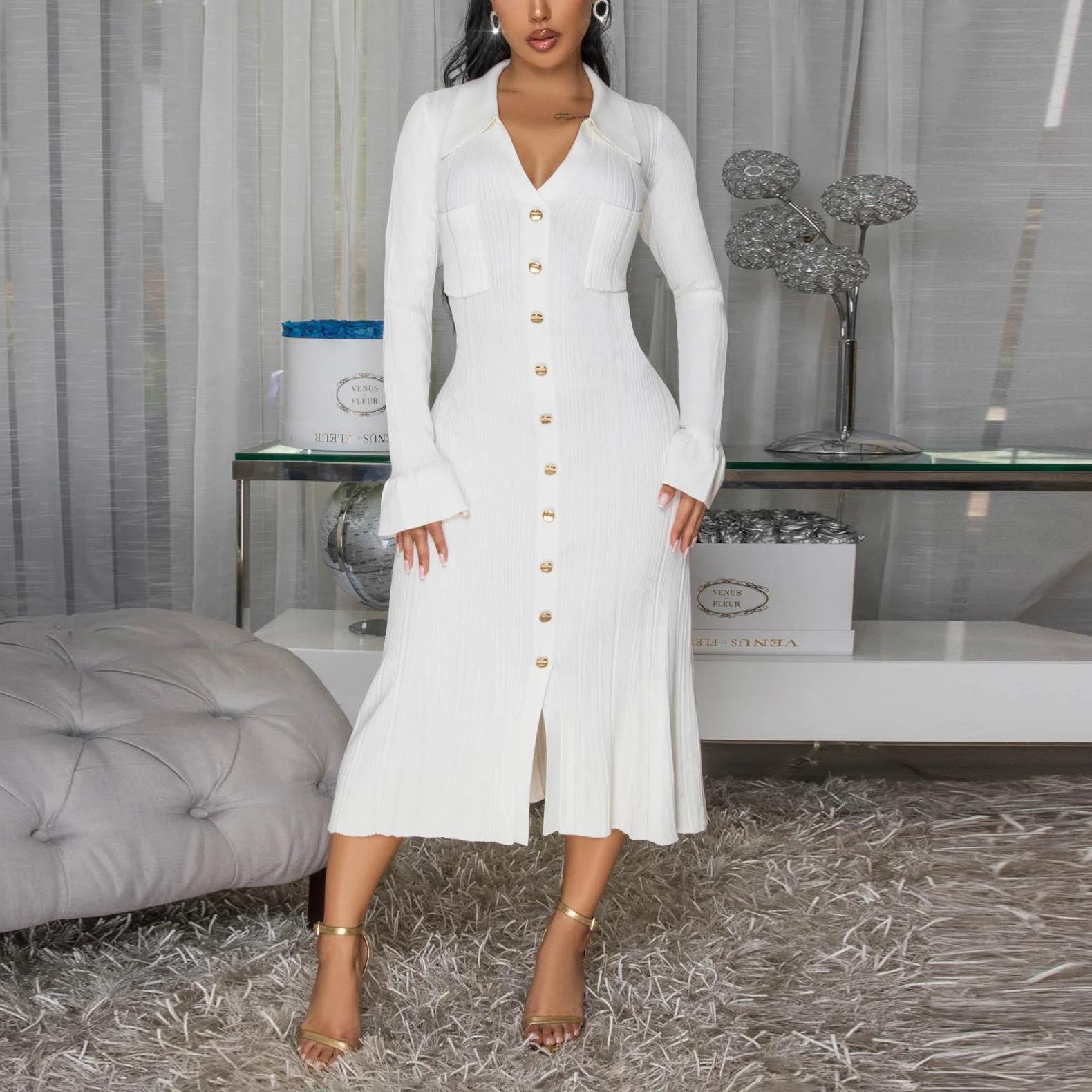 Women Wear V neck Solid Color Dress Single Breasted Long Sleeve Dress