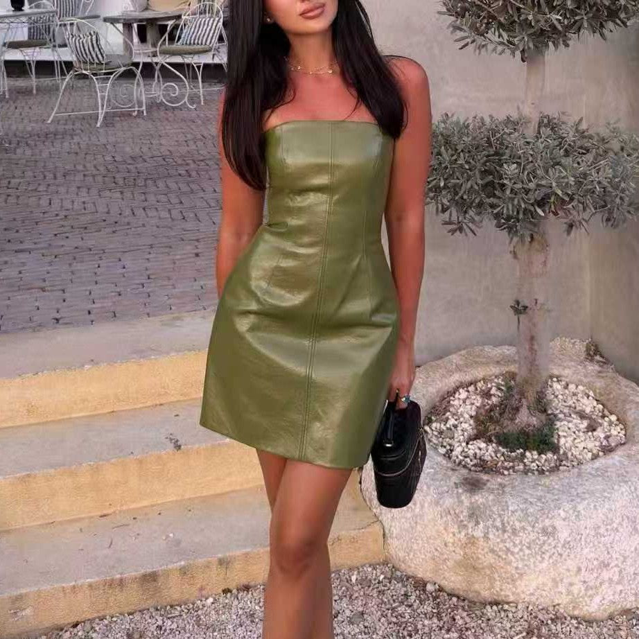Women Clothing Fall Retro Street Sleeve Leather Dress
