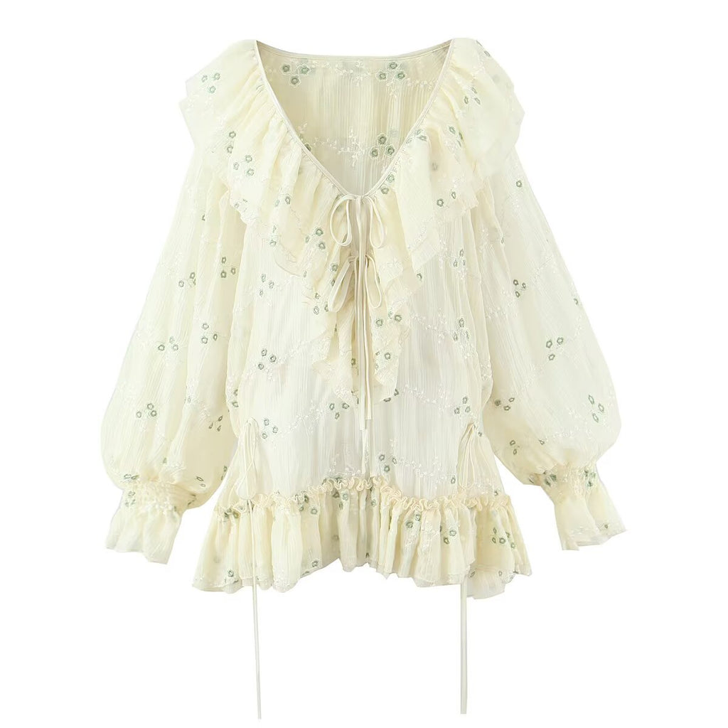 Sweet Embroidery Chic Bubble Long Sleeve Short Dress French V neck Vacation