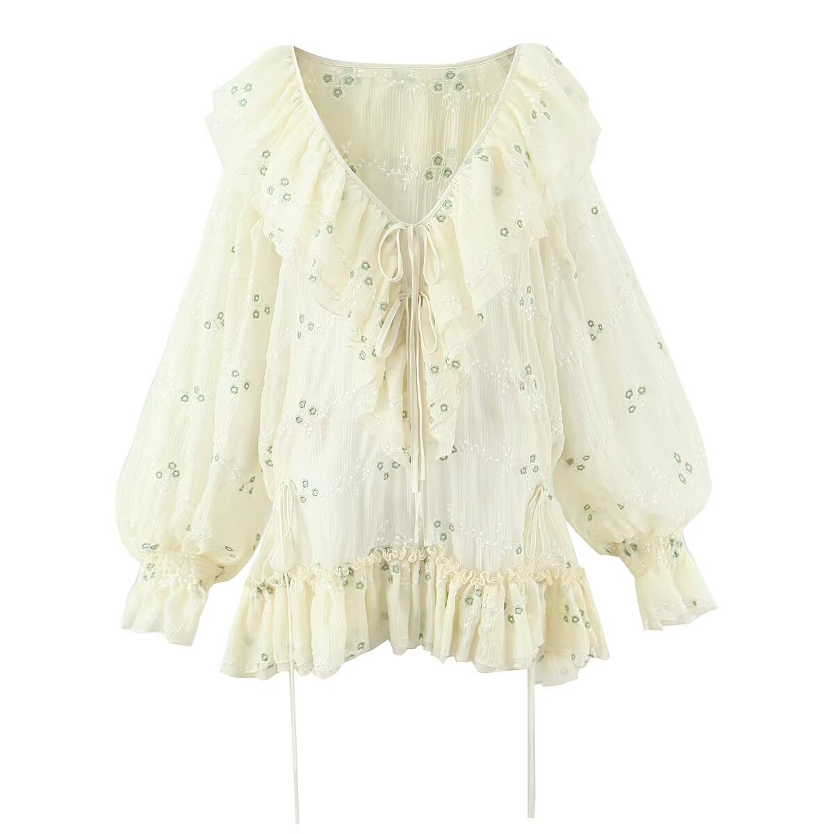 Sweet Embroidery Chic Bubble Long Sleeve Short Dress French V neck Vacation