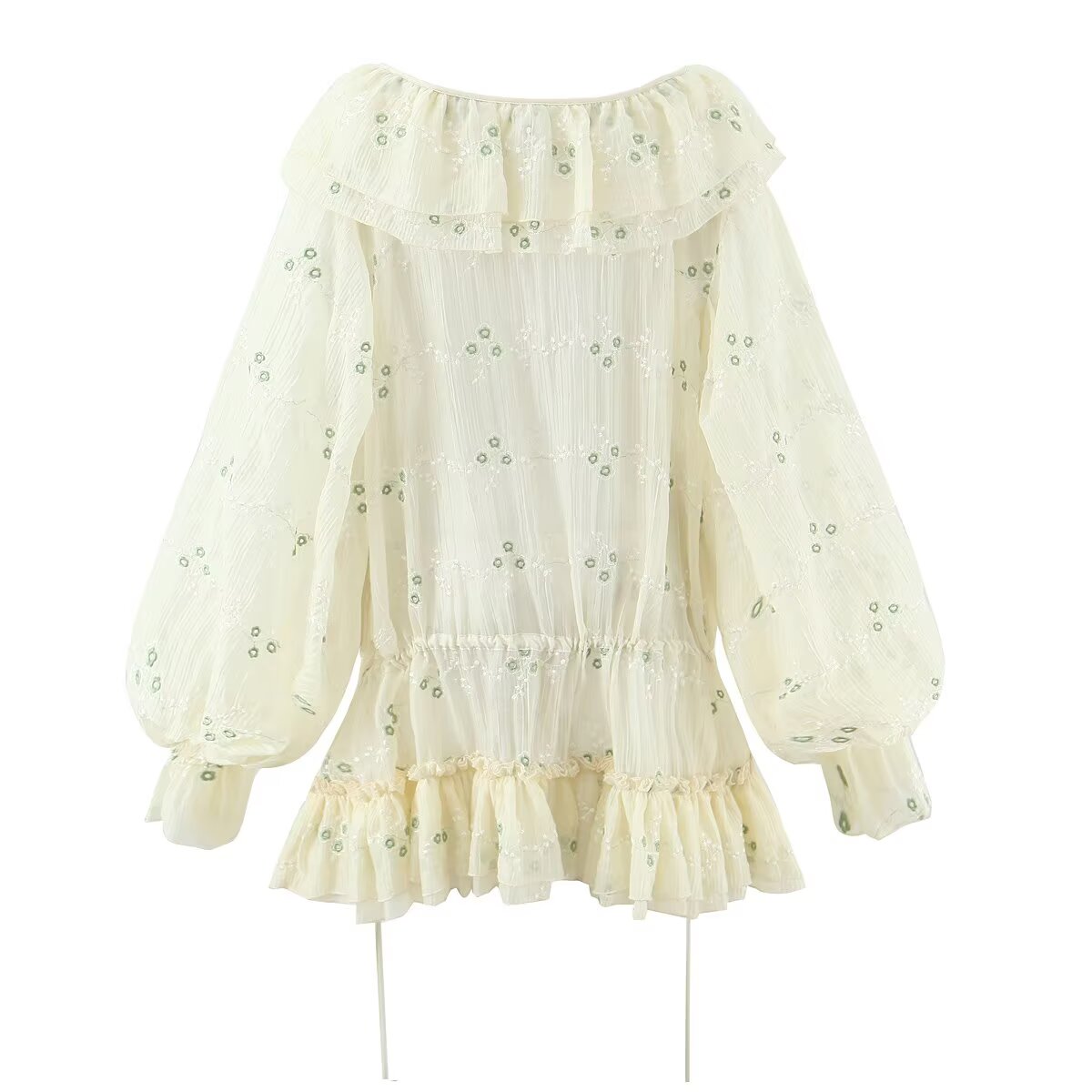 Sweet Embroidery Chic Bubble Long Sleeve Short Dress French V neck Vacation