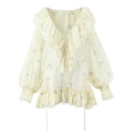 Sweet Embroidery Chic Bubble Long Sleeve Short Dress French V neck Vacation
