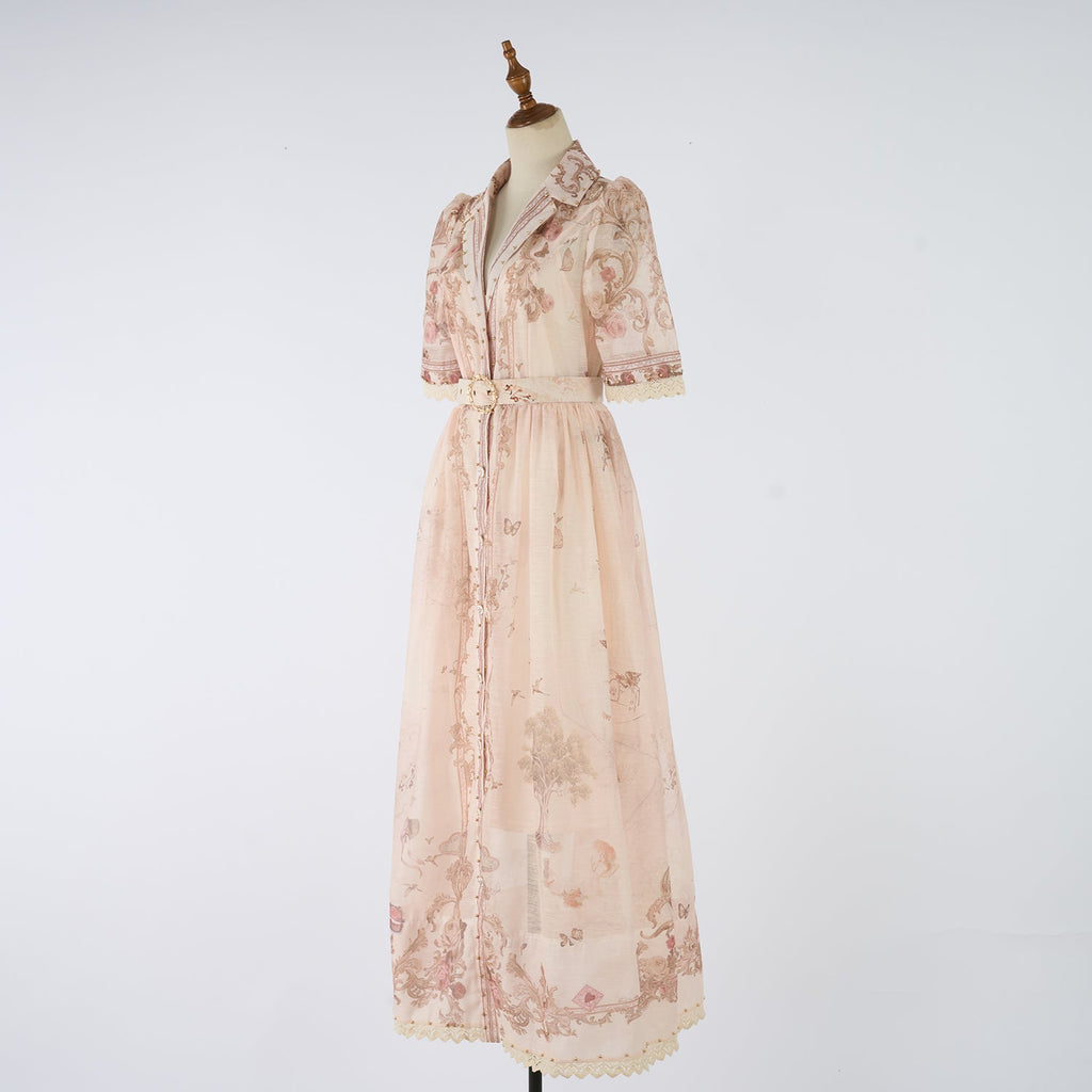 Women Summer Printed Buttons Stand Up Collar Maxi Dress