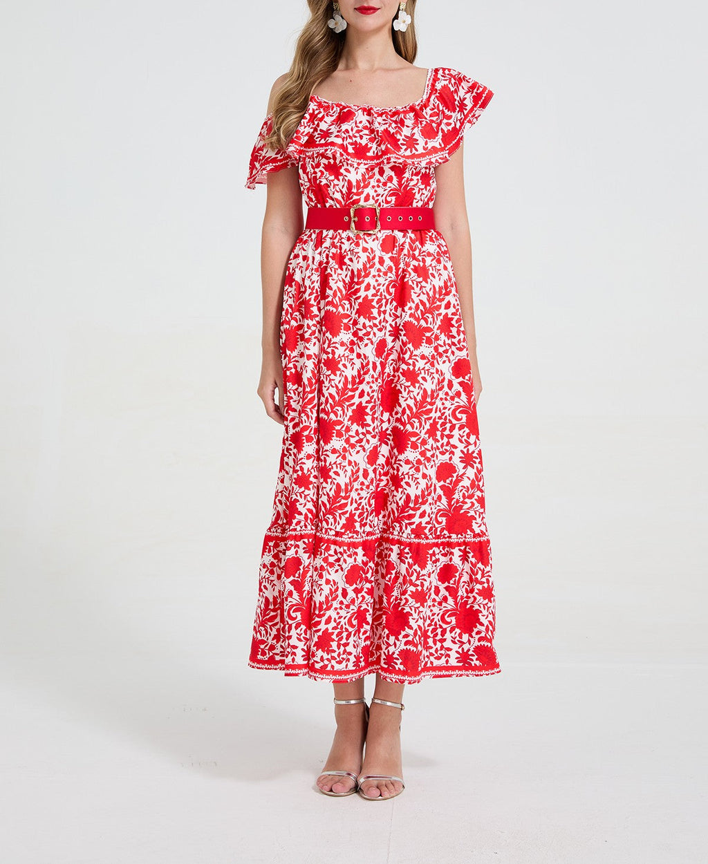 Women Asymmetrical Design Off The Shoulder Spaghetti Strap Ruffled Waist Cinching Figure-Flattering Long Dress With A Wide Flared Hem