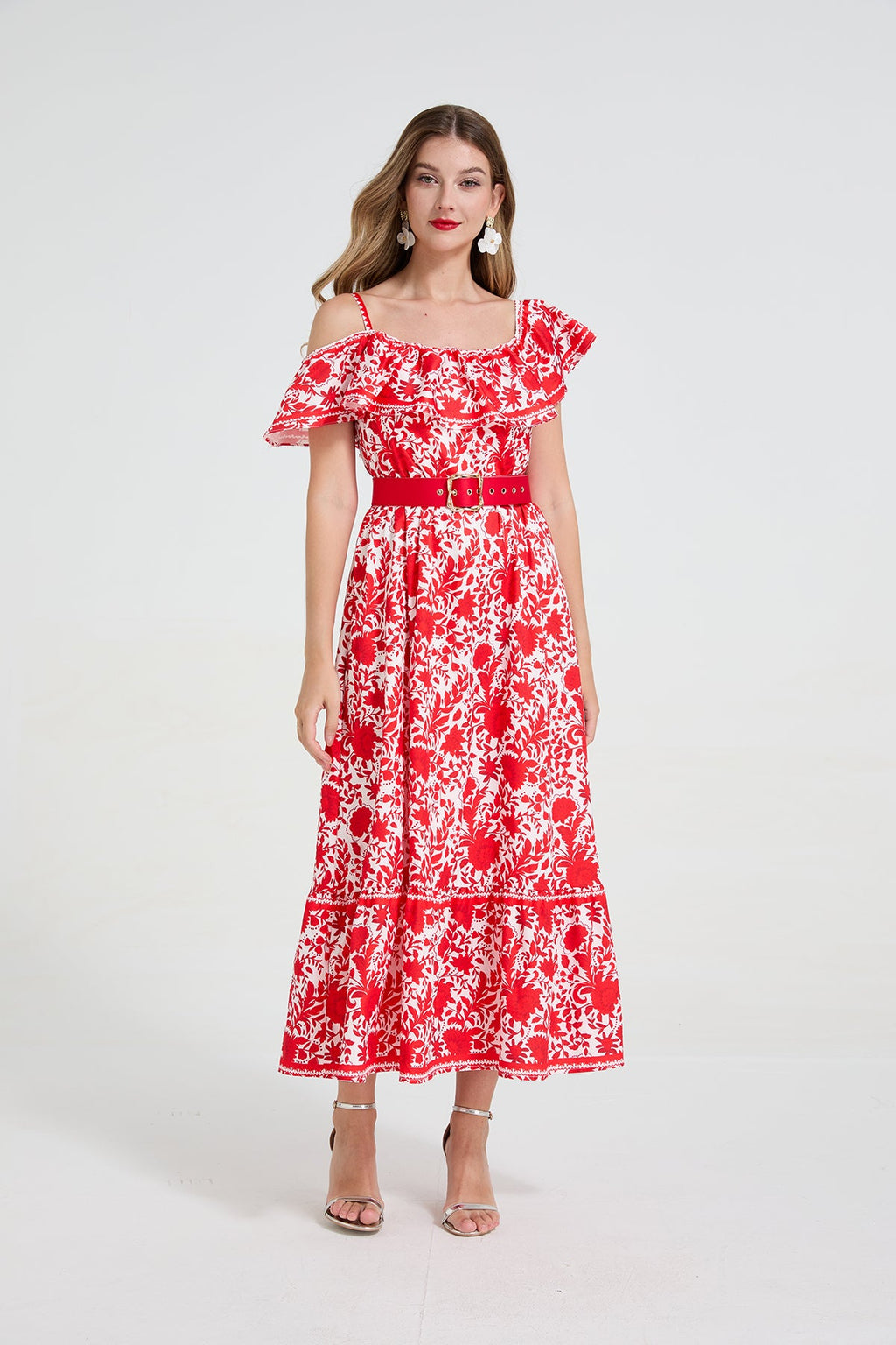 Women Asymmetrical Design Off The Shoulder Spaghetti Strap Ruffled Waist Cinching Figure-Flattering Long Dress With A Wide Flared Hem
