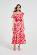 Women Asymmetrical Design Off The Shoulder Spaghetti Strap Ruffled Waist Cinching Figure-Flattering Long Dress With A Wide Flared Hem