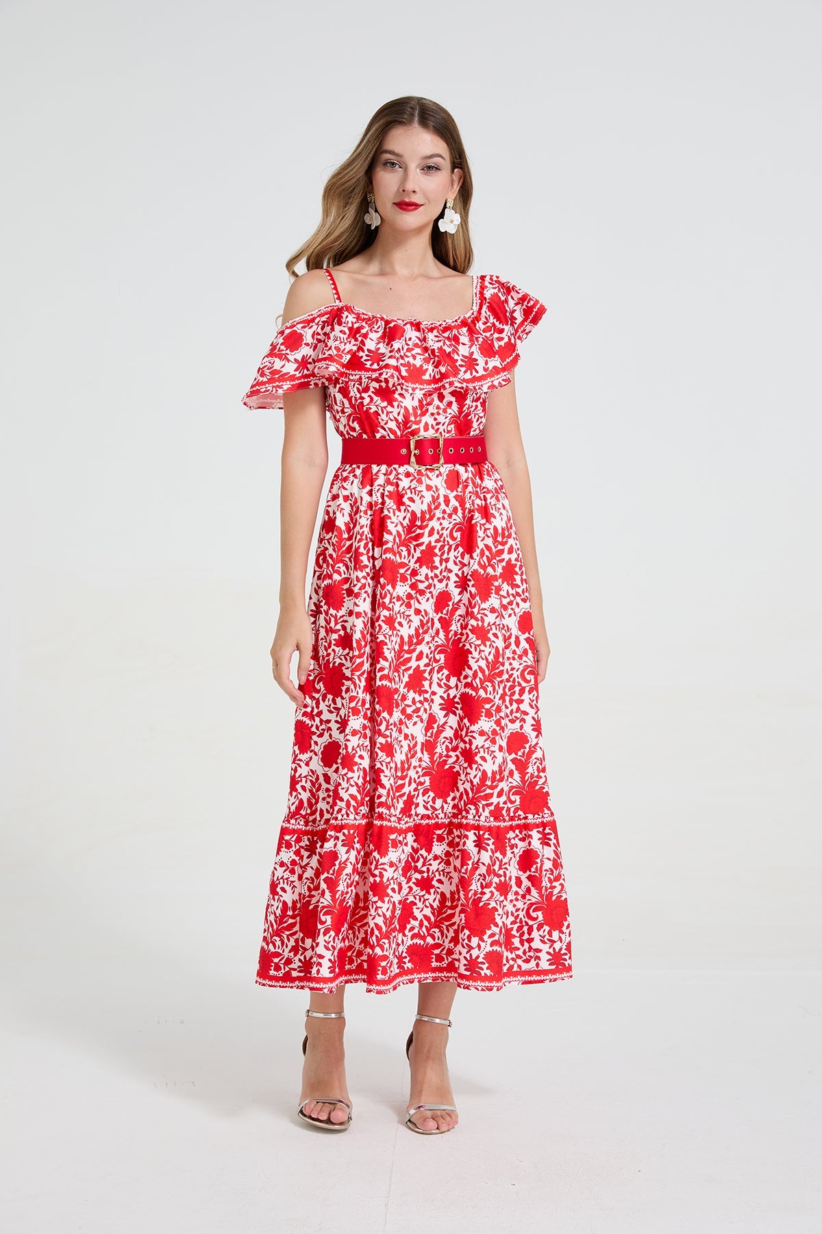 Women Asymmetrical Design Off The Shoulder Spaghetti Strap Ruffled Waist Cinching Figure-Flattering Long Dress With A Wide Flared Hem