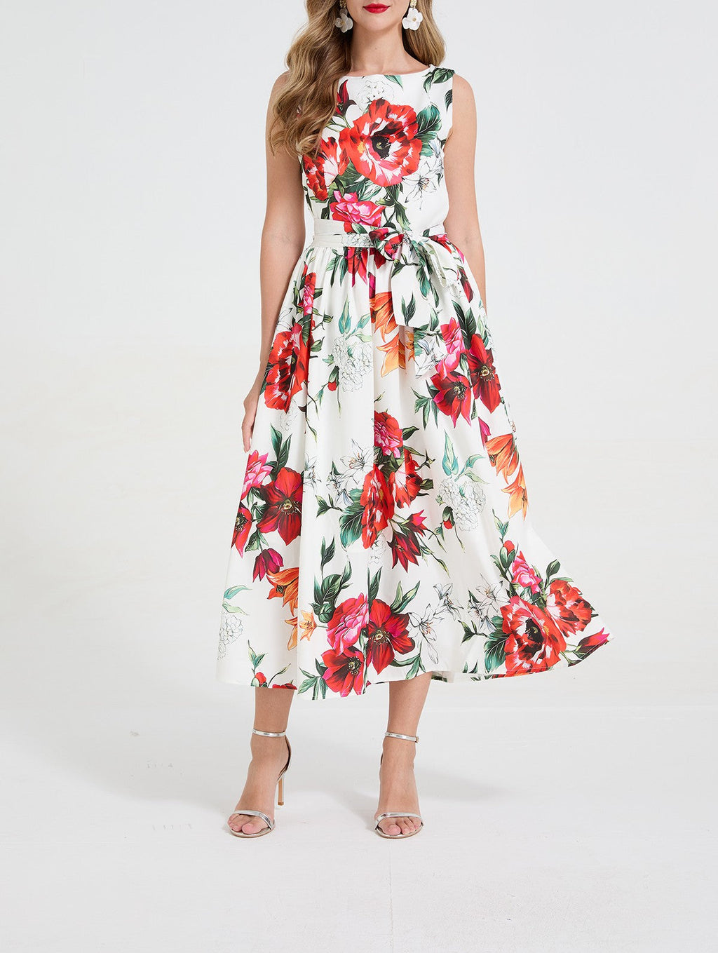 Women Romantic Floral Print Sleeveless Dress High Waisted Bow Tie Belt Cinched Waist Flared Dress