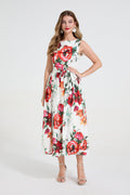 Women Romantic Floral Print Sleeveless Dress High Waisted Bow Tie Belt Cinched Waist Flared Dress