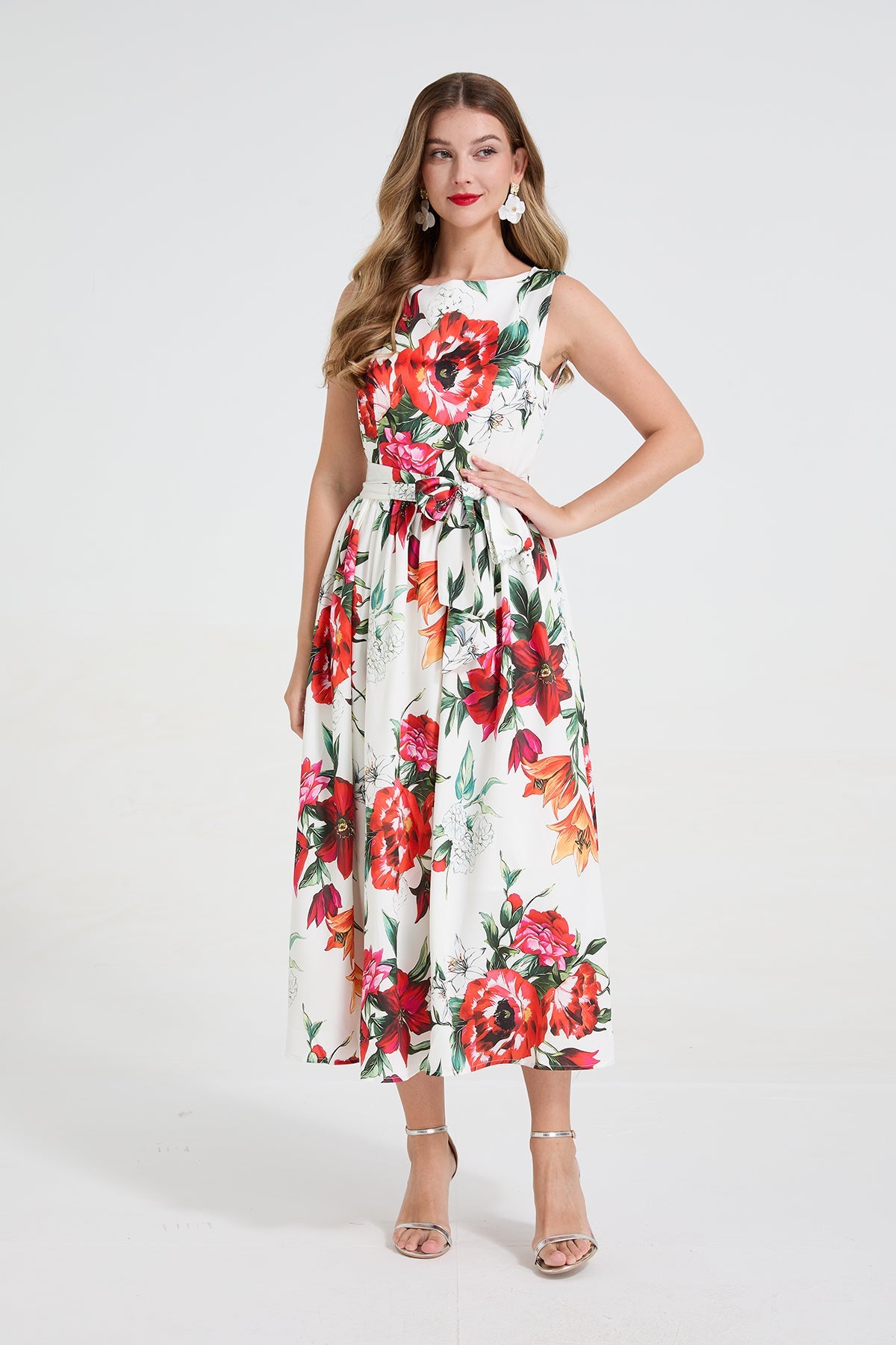 Women Romantic Floral Print Sleeveless Dress High Waisted Bow Tie Belt Cinched Waist Flared Dress